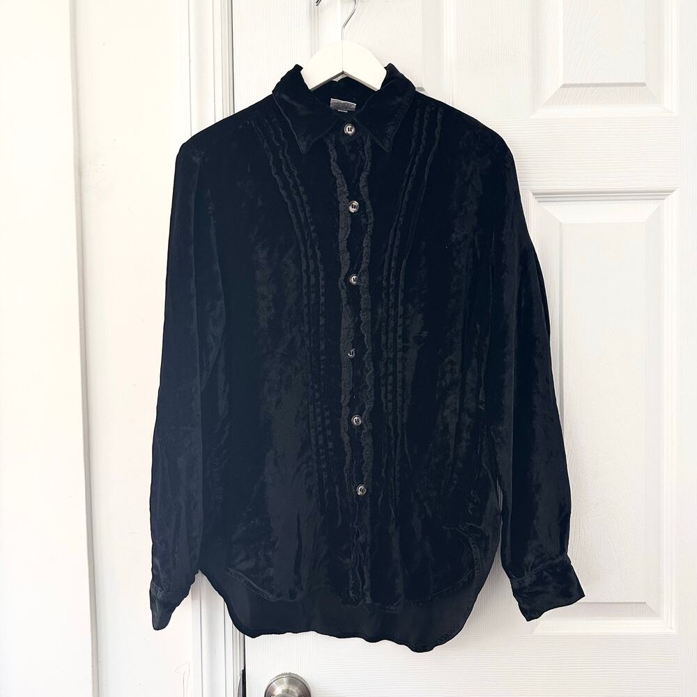 CP Shades Black Velvet Button Down Lace Trim Boho Dark Witch Core Blouse Small